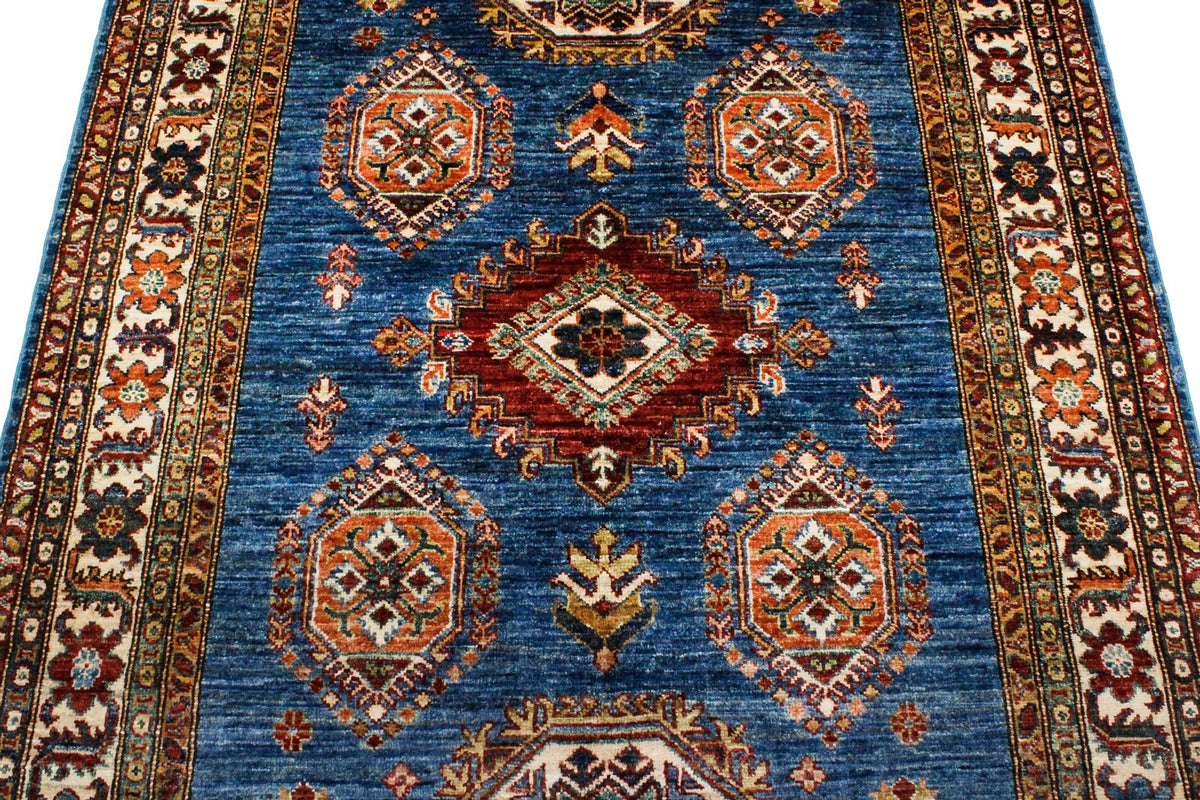 4x6 Blue and Ivory Kazak Tribal Rug