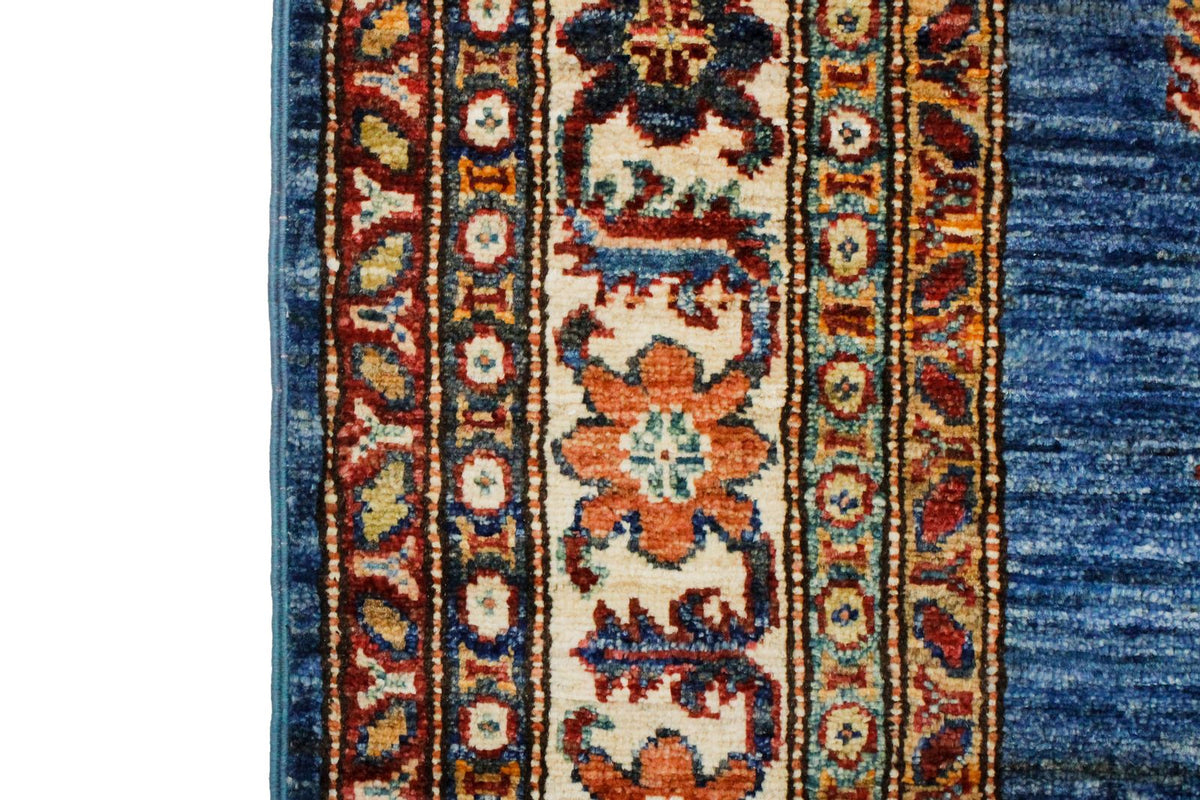 4x6 Blue and Ivory Kazak Tribal Rug