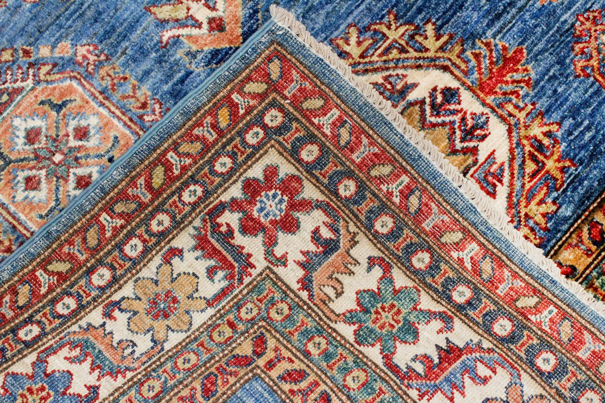 4x6 Blue and Ivory Kazak Tribal Rug