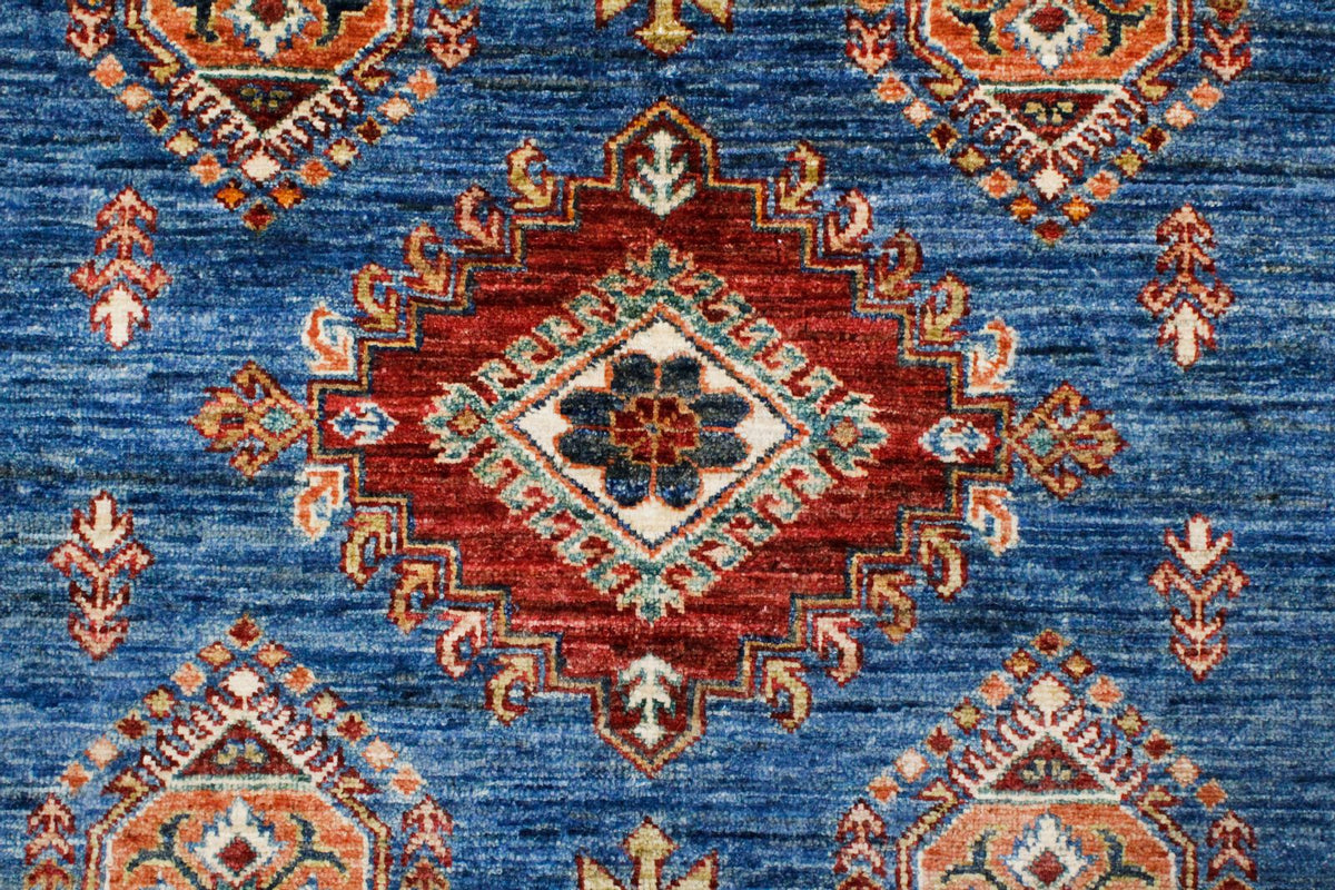 4x6 Blue and Ivory Kazak Tribal Rug