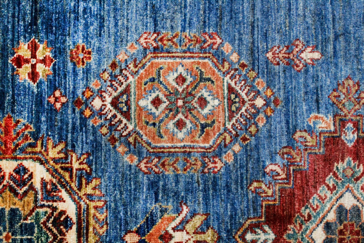 4x6 Blue and Ivory Kazak Tribal Rug