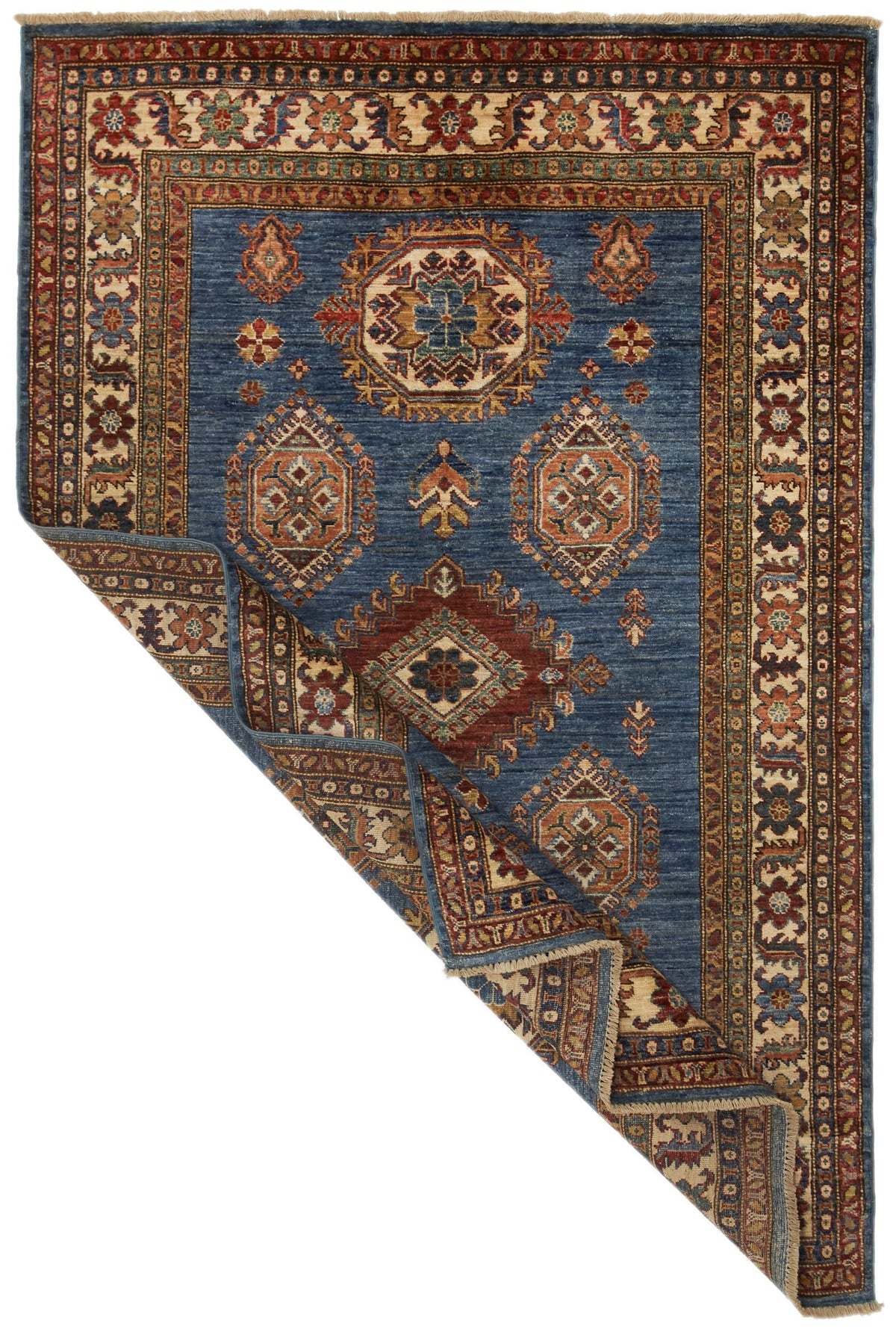 4x6 Blue and Ivory Kazak Tribal Rug