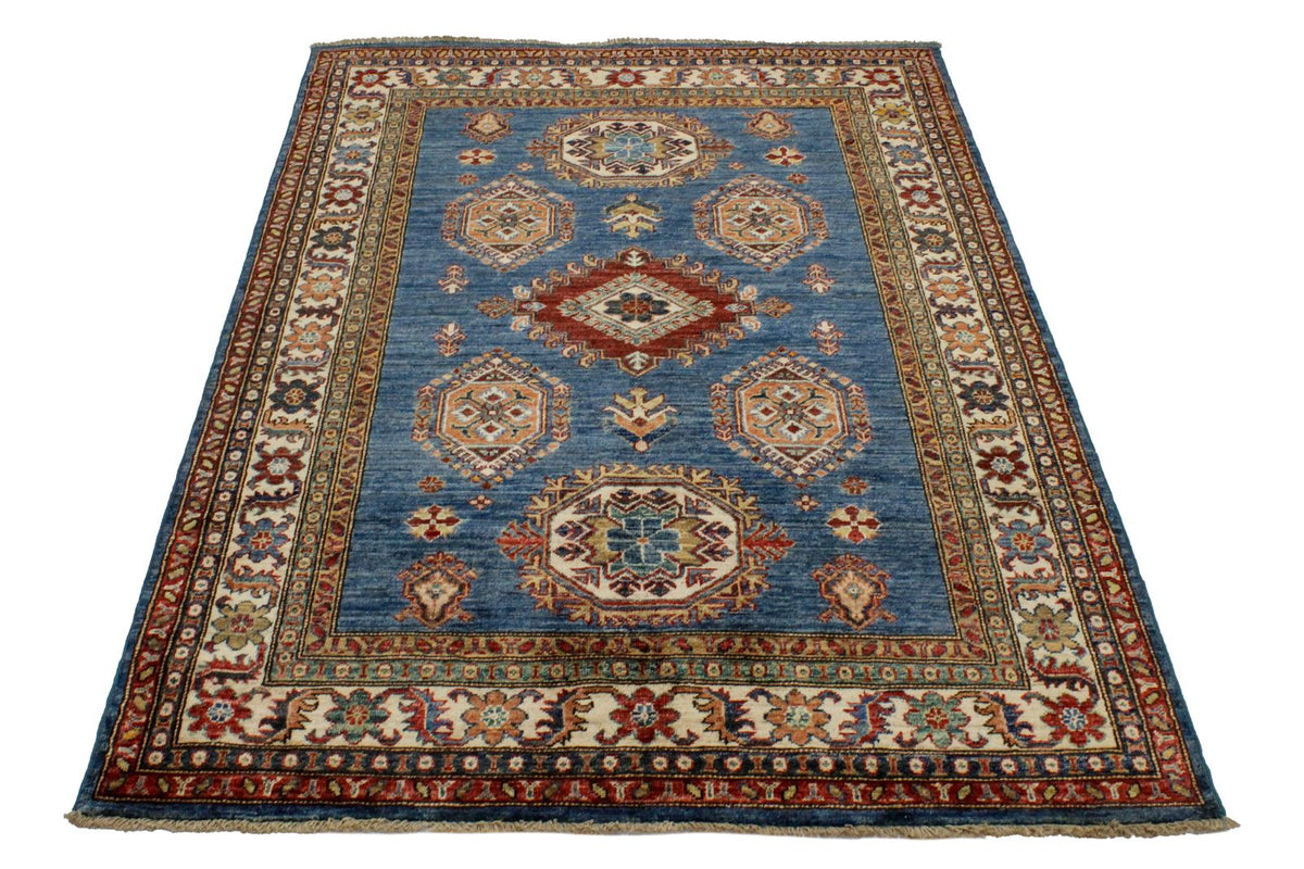 4x6 Blue and Ivory Kazak Tribal Rug