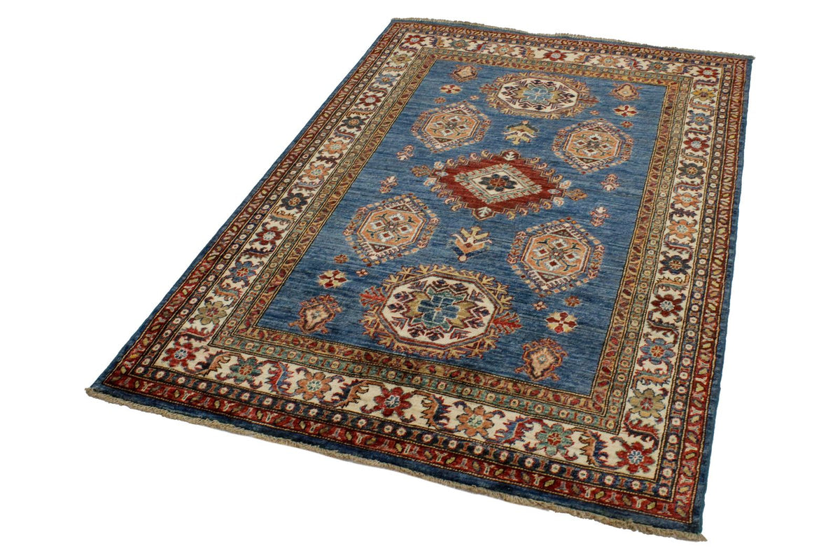4x6 Blue and Ivory Kazak Tribal Rug