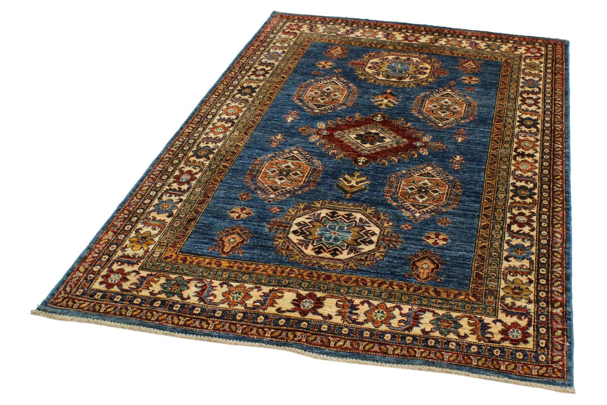 4x6 Blue and Ivory Kazak Tribal Rug