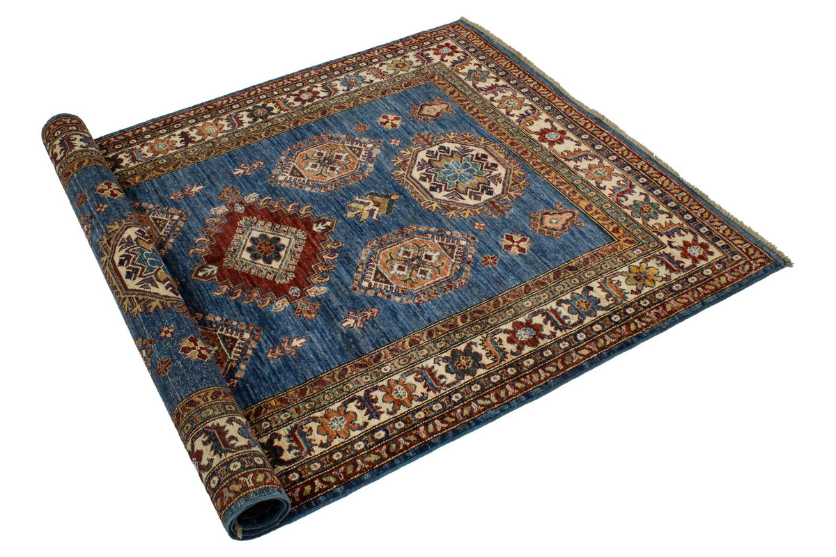 4x6 Blue and Ivory Kazak Tribal Rug