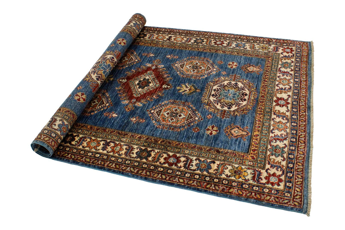 4x6 Blue and Ivory Kazak Tribal Rug