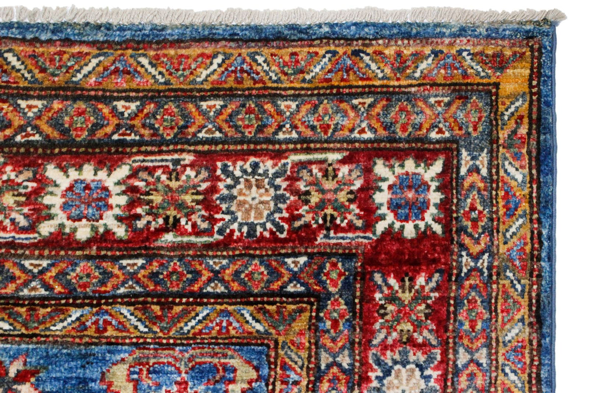 4x6 Blue and Ivory Kazak Tribal Rug