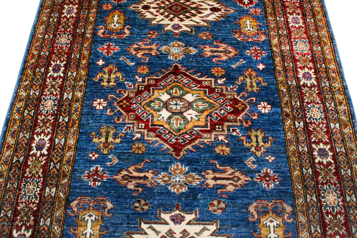 4x6 Blue and Ivory Kazak Tribal Rug