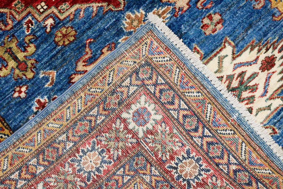 4x6 Blue and Ivory Kazak Tribal Rug