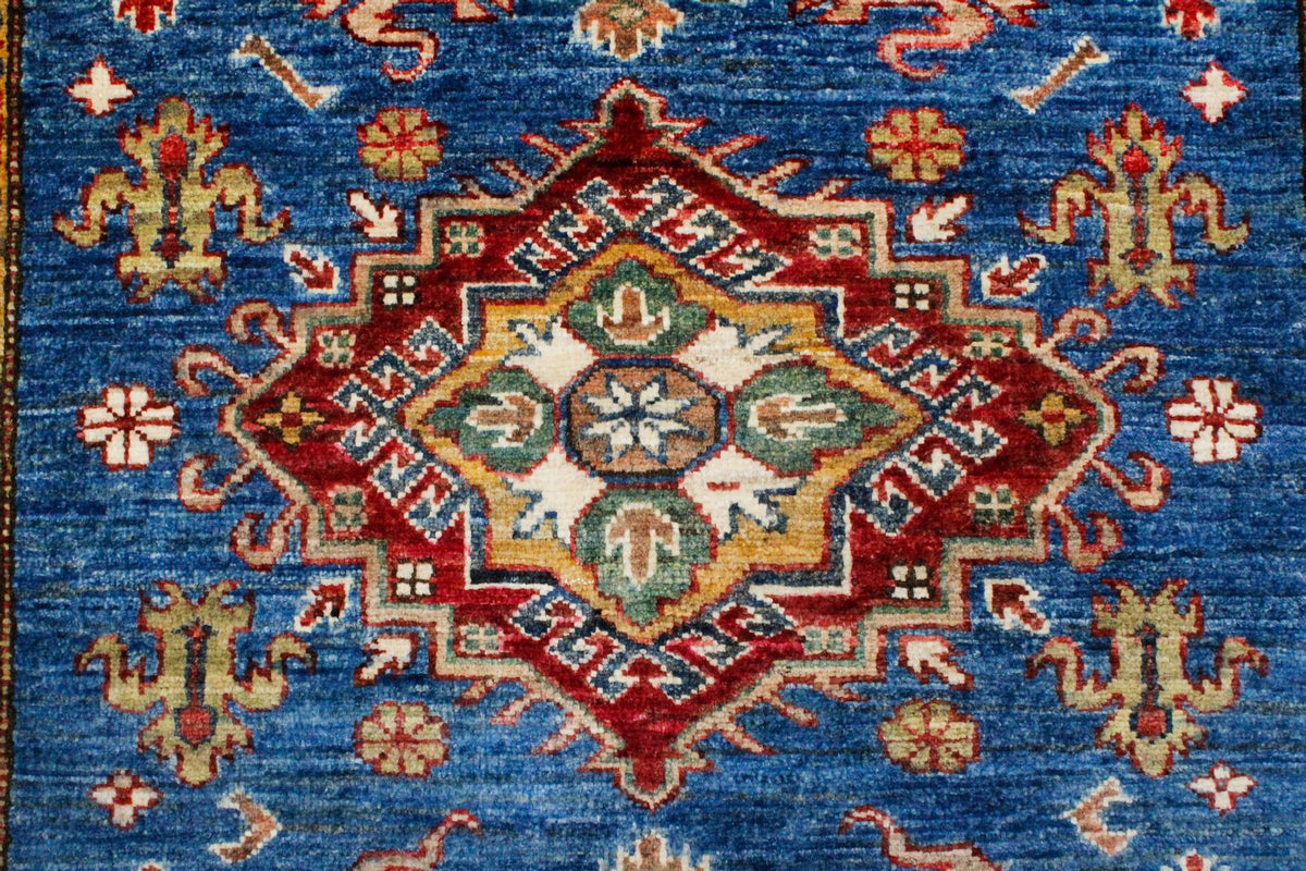4x6 Blue and Ivory Kazak Tribal Rug