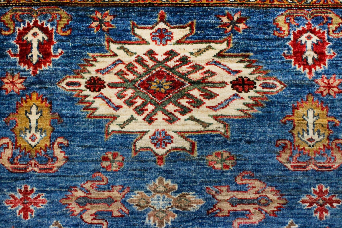 4x6 Blue and Ivory Kazak Tribal Rug