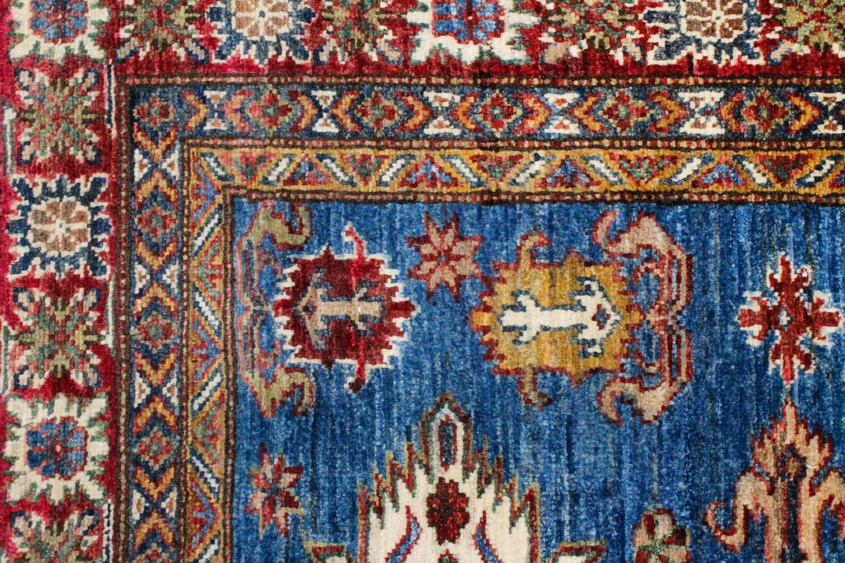 4x6 Blue and Ivory Kazak Tribal Rug
