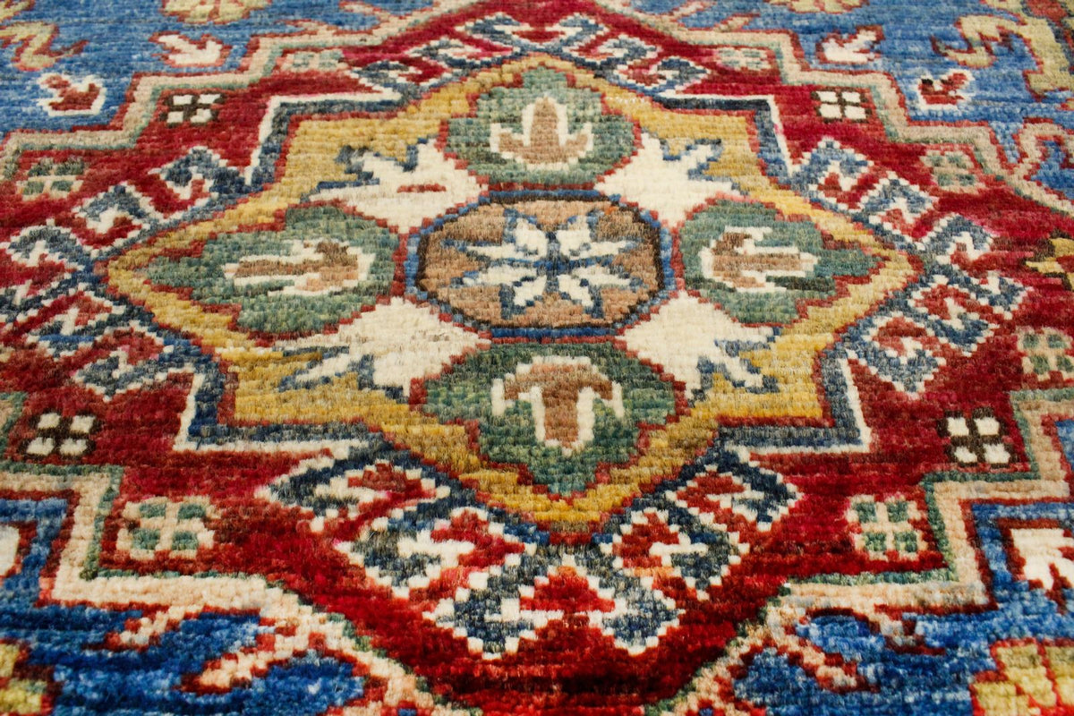 4x6 Blue and Ivory Kazak Tribal Rug