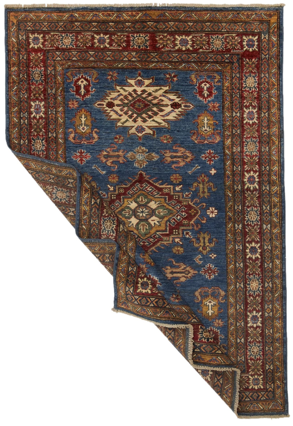 4x6 Blue and Ivory Kazak Tribal Rug
