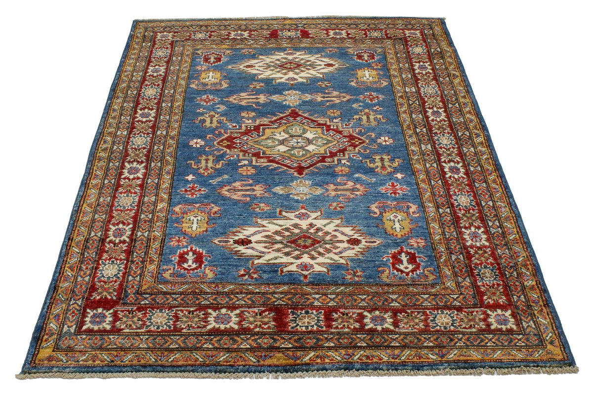 4x6 Blue and Ivory Kazak Tribal Rug