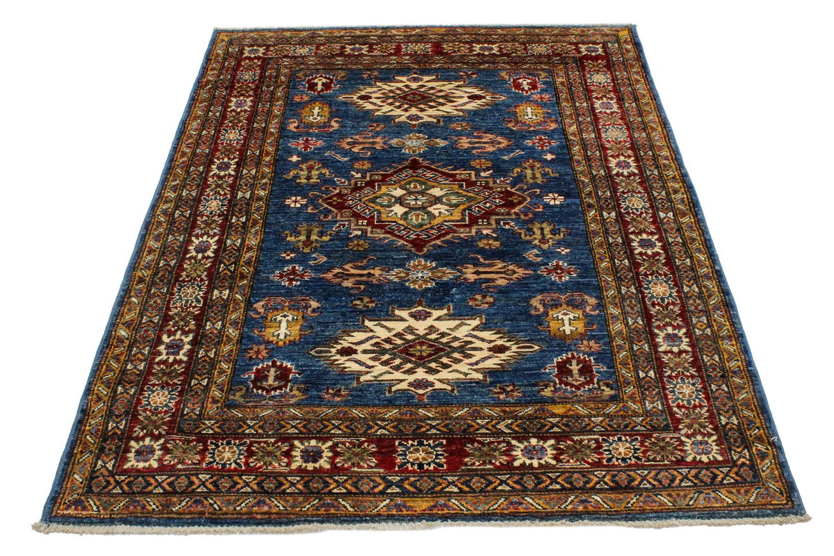 4x6 Blue and Ivory Kazak Tribal Rug