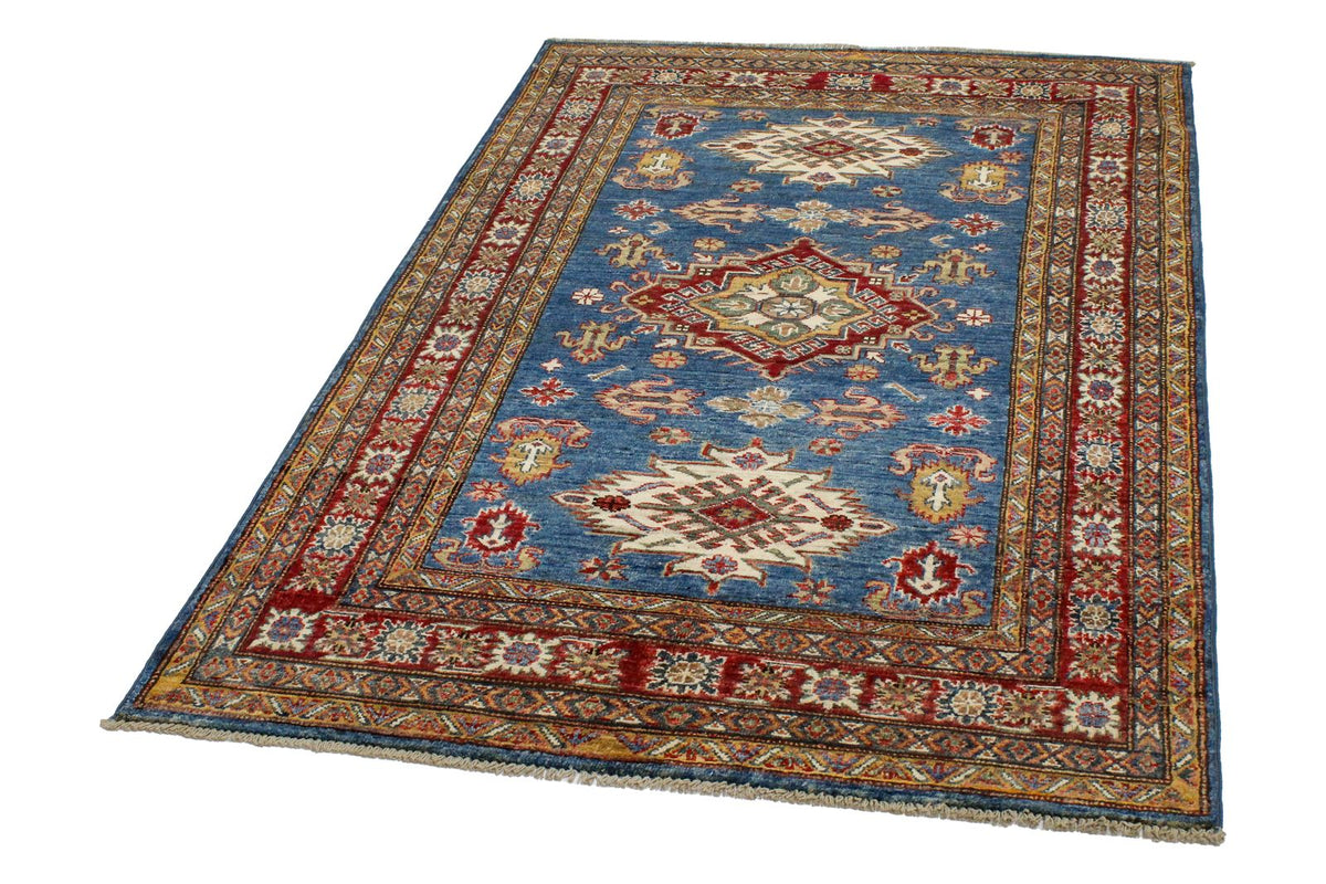 4x6 Blue and Ivory Kazak Tribal Rug