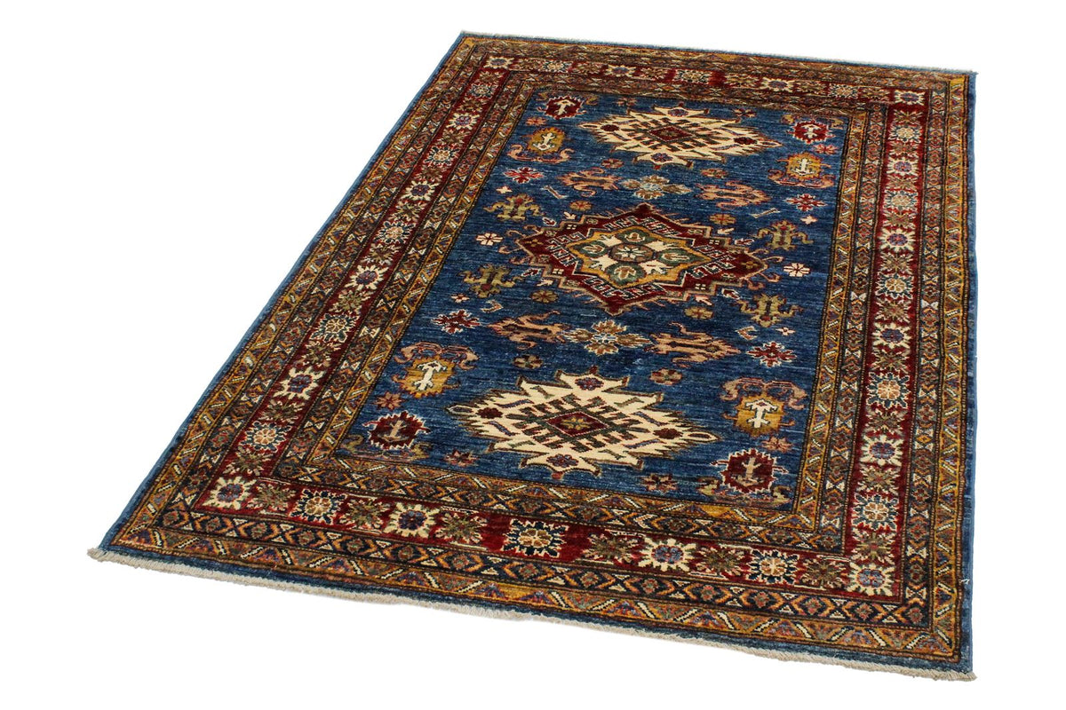 4x6 Blue and Ivory Kazak Tribal Rug