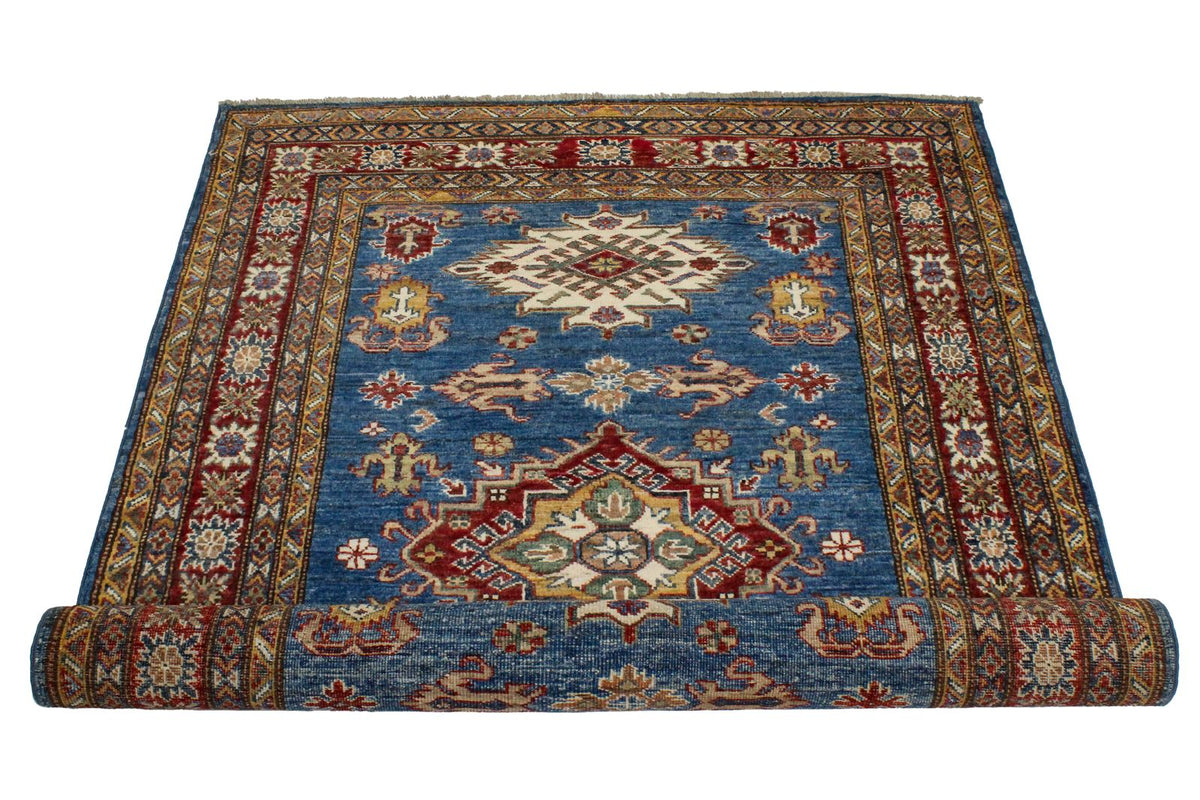 4x6 Blue and Ivory Kazak Tribal Rug