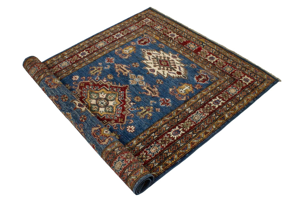 4x6 Blue and Ivory Kazak Tribal Rug
