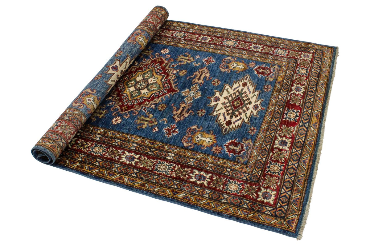 4x6 Blue and Ivory Kazak Tribal Rug