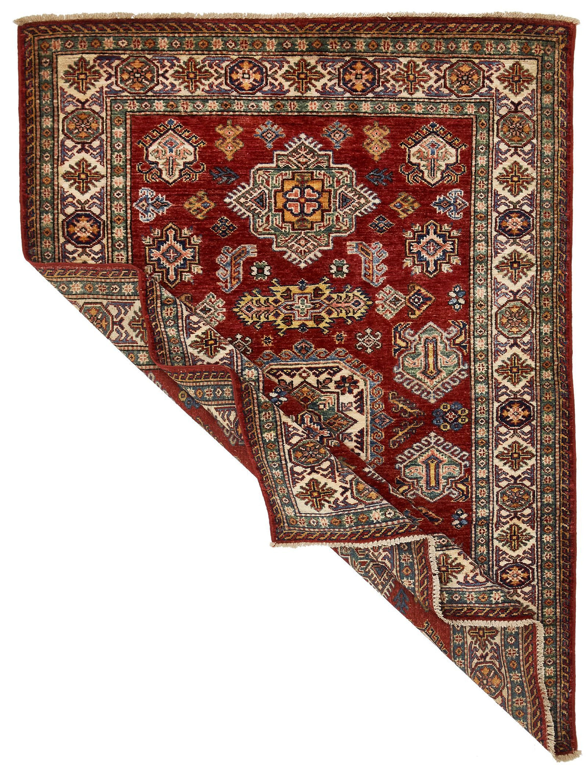 4x6 Green and Ivory Kazak Tribal Rug