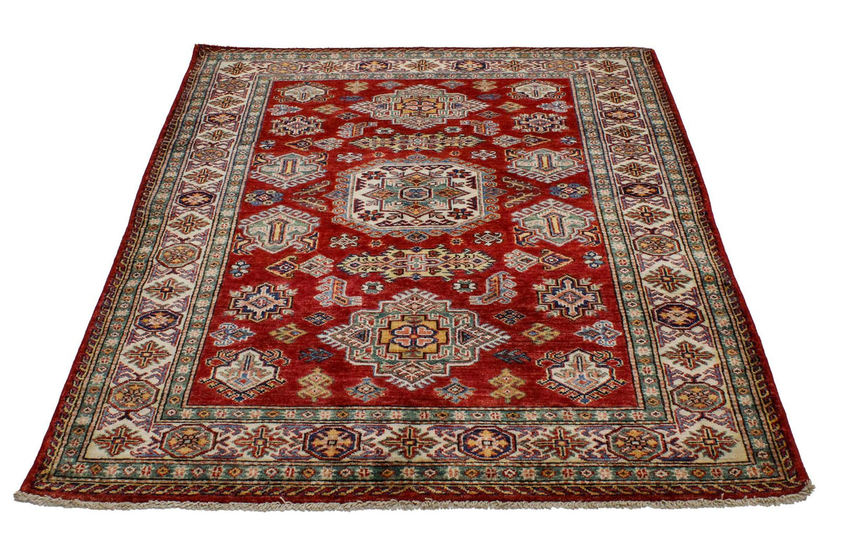 4x6 Green and Ivory Kazak Tribal Rug