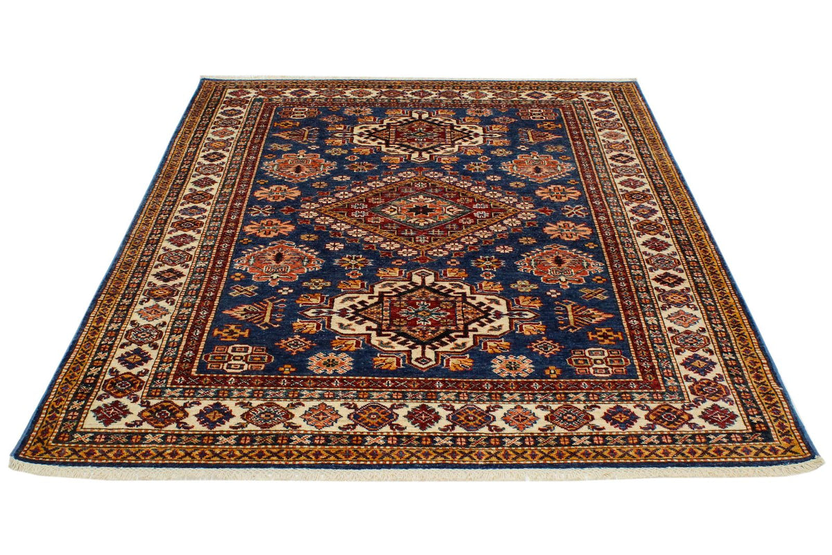 5x7 Light Blue and Ivory Kazak Tribal Rug
