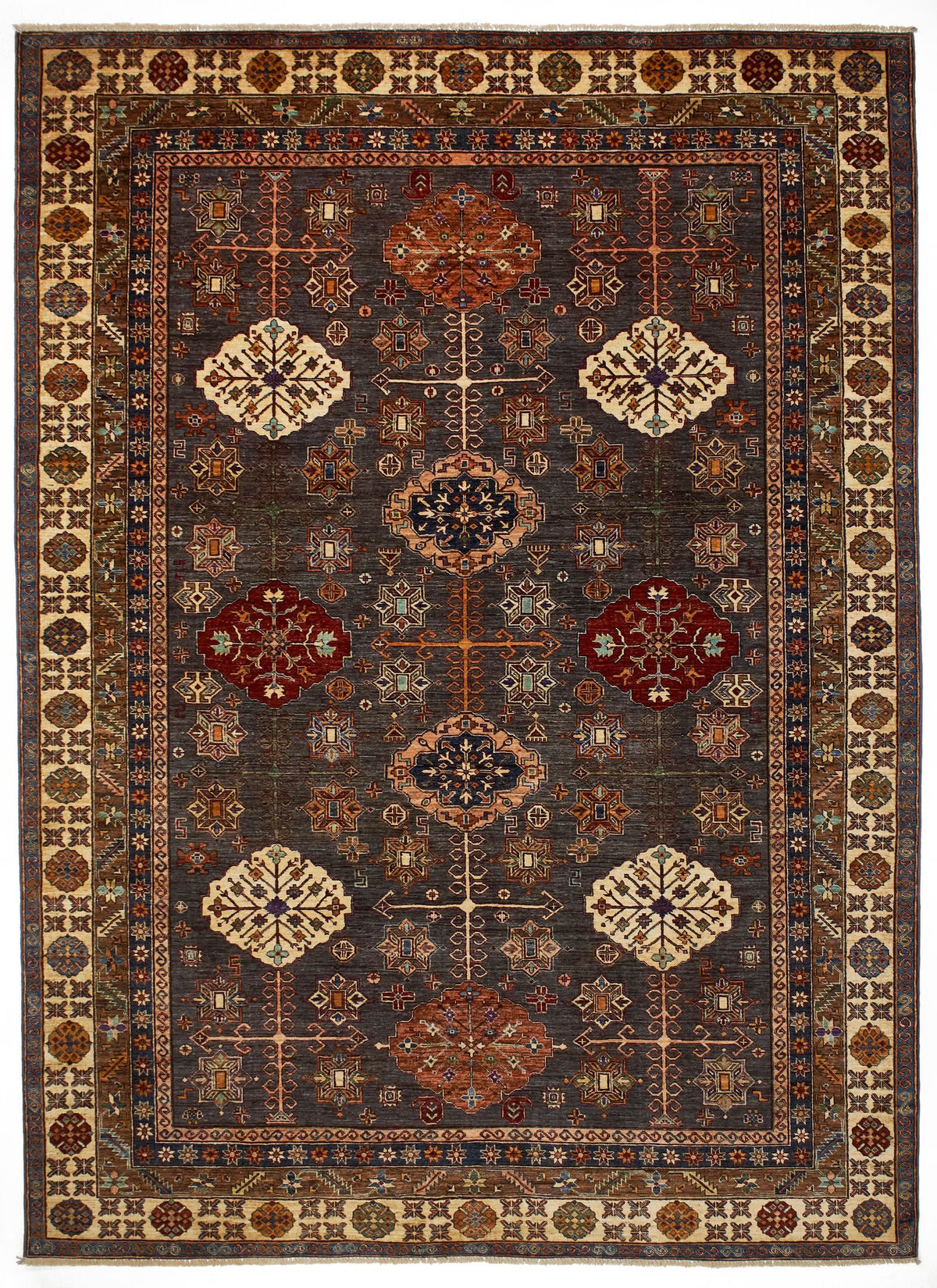 9x12 Brown and Ivory Kazak Tribal Rug