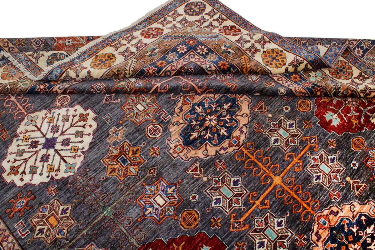9x12 Brown and Ivory Kazak Tribal Rug