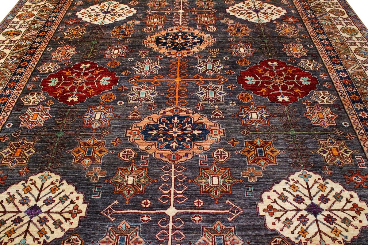 9x12 Brown and Ivory Kazak Tribal Rug