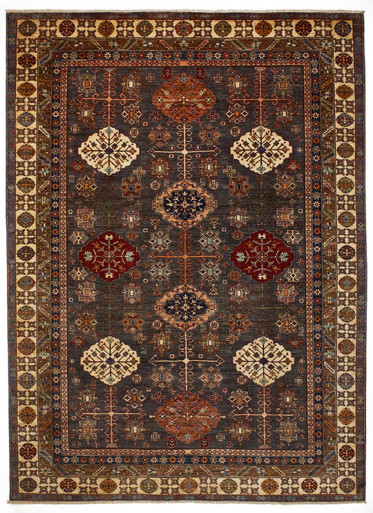 9x12 Brown and Ivory Kazak Tribal Rug
