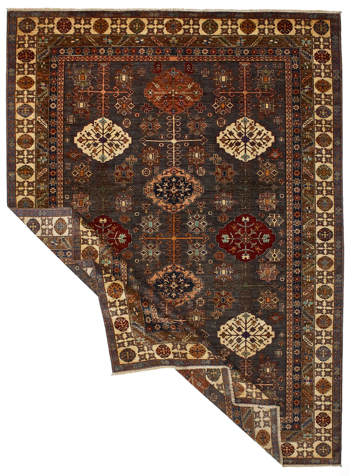 9x12 Brown and Ivory Kazak Tribal Rug