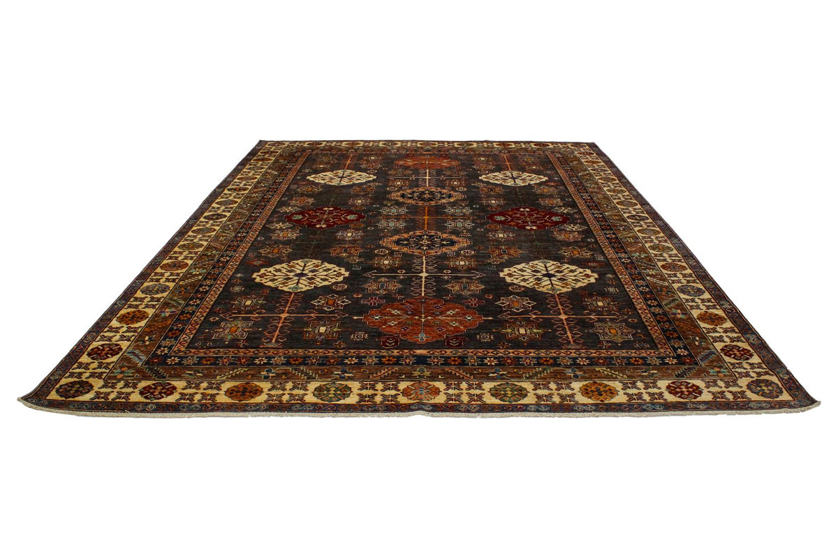 9x12 Brown and Ivory Kazak Tribal Rug