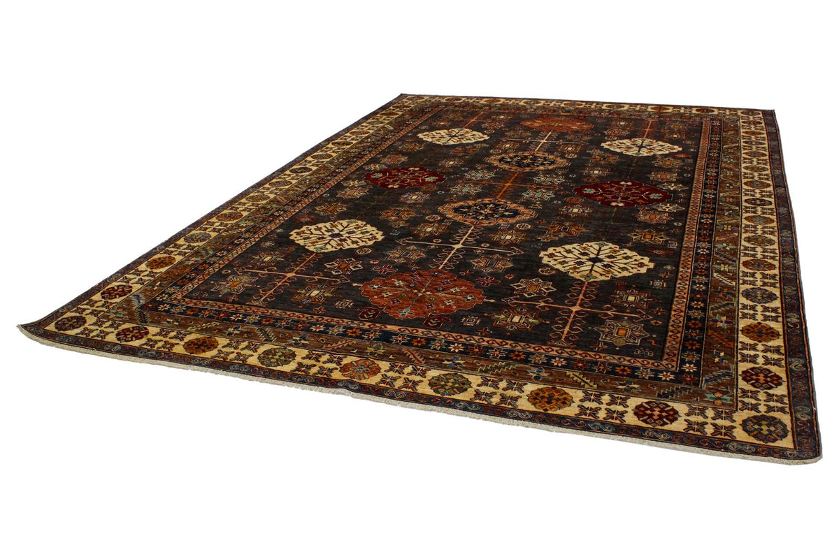 9x12 Brown and Ivory Kazak Tribal Rug