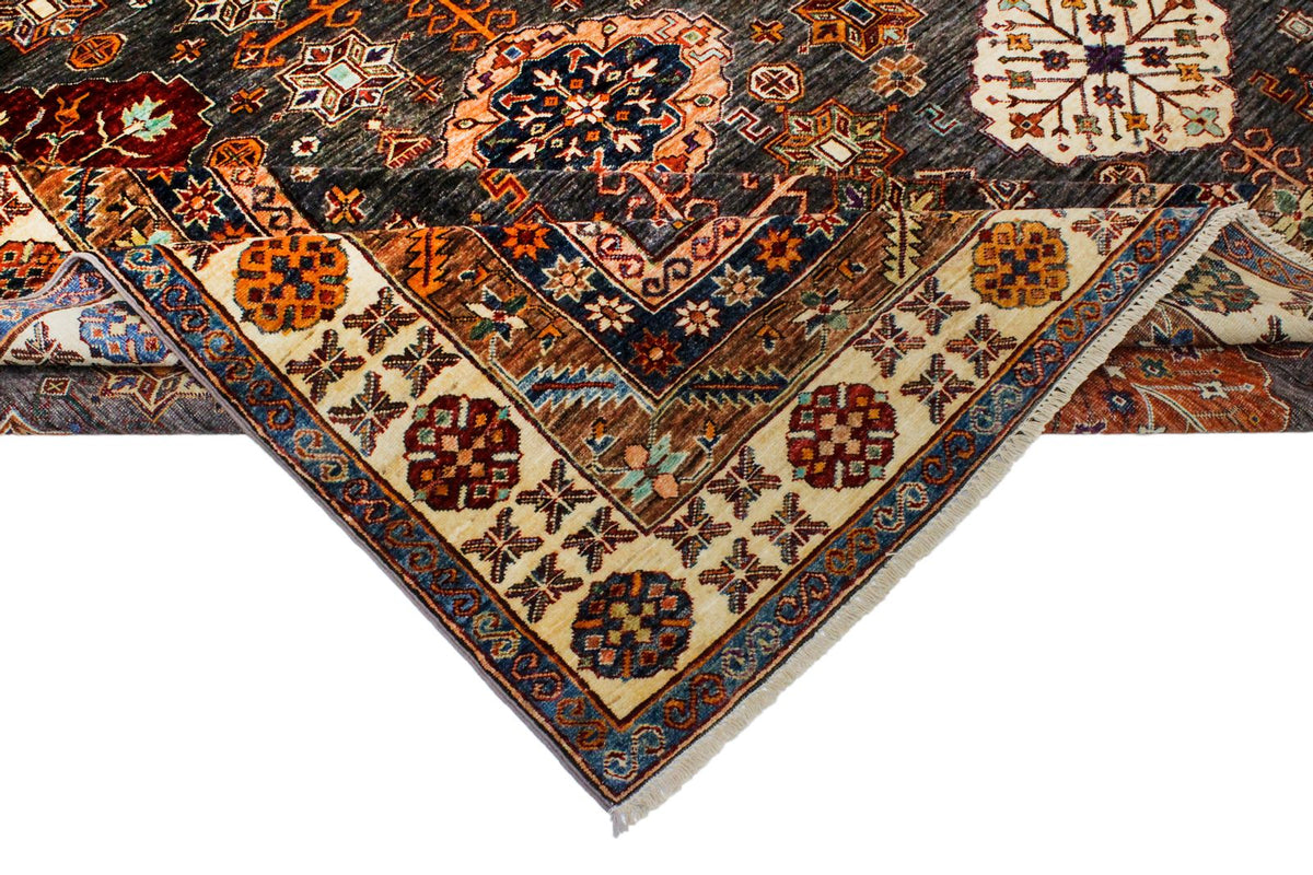9x12 Brown and Ivory Kazak Tribal Rug