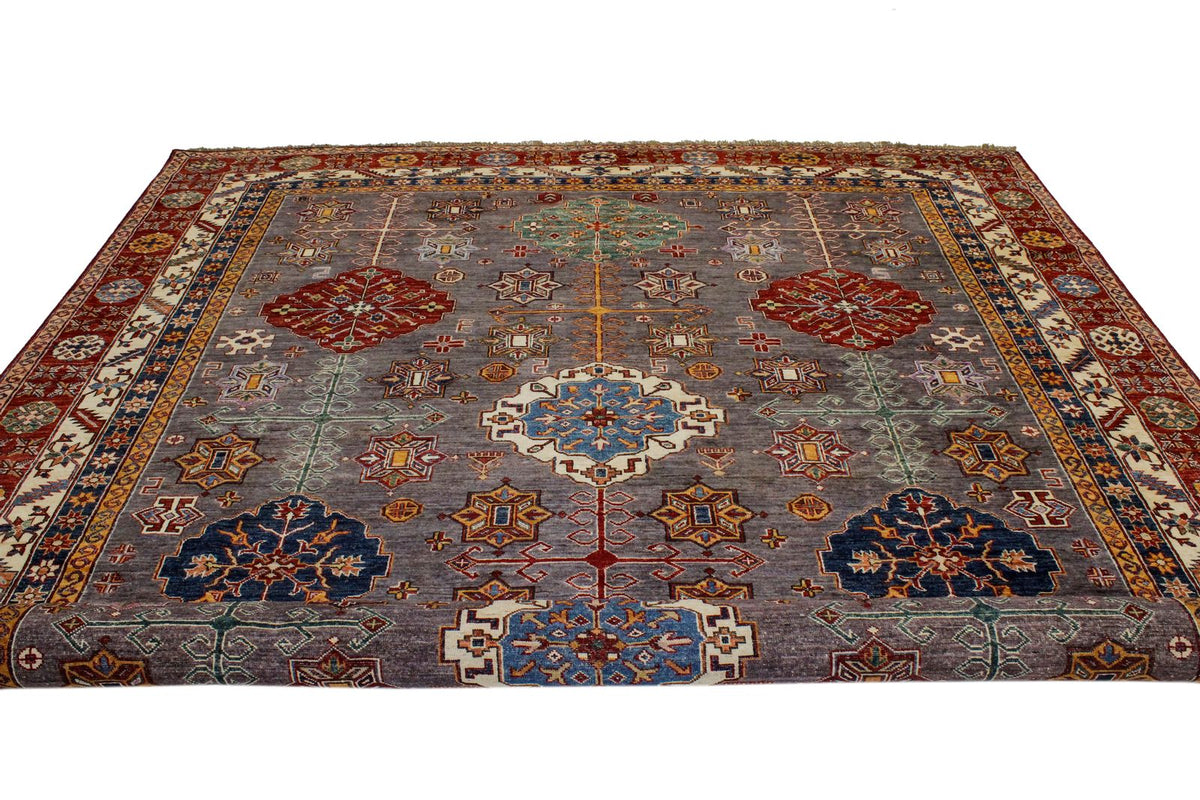 9x12 Brown and Red Kazak Tribal Rug