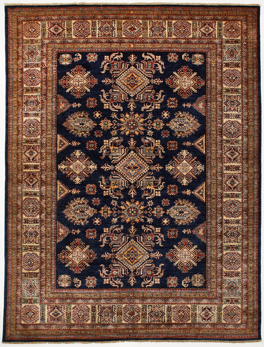 8x10 Navy and Ivory Kazak Tribal Rug