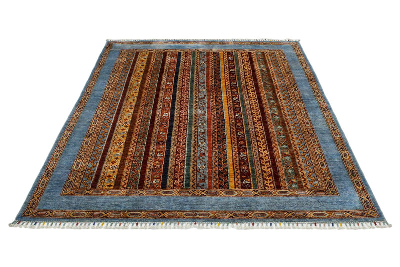 5x7 Multicolor and Blue Turkish Tribal Rug