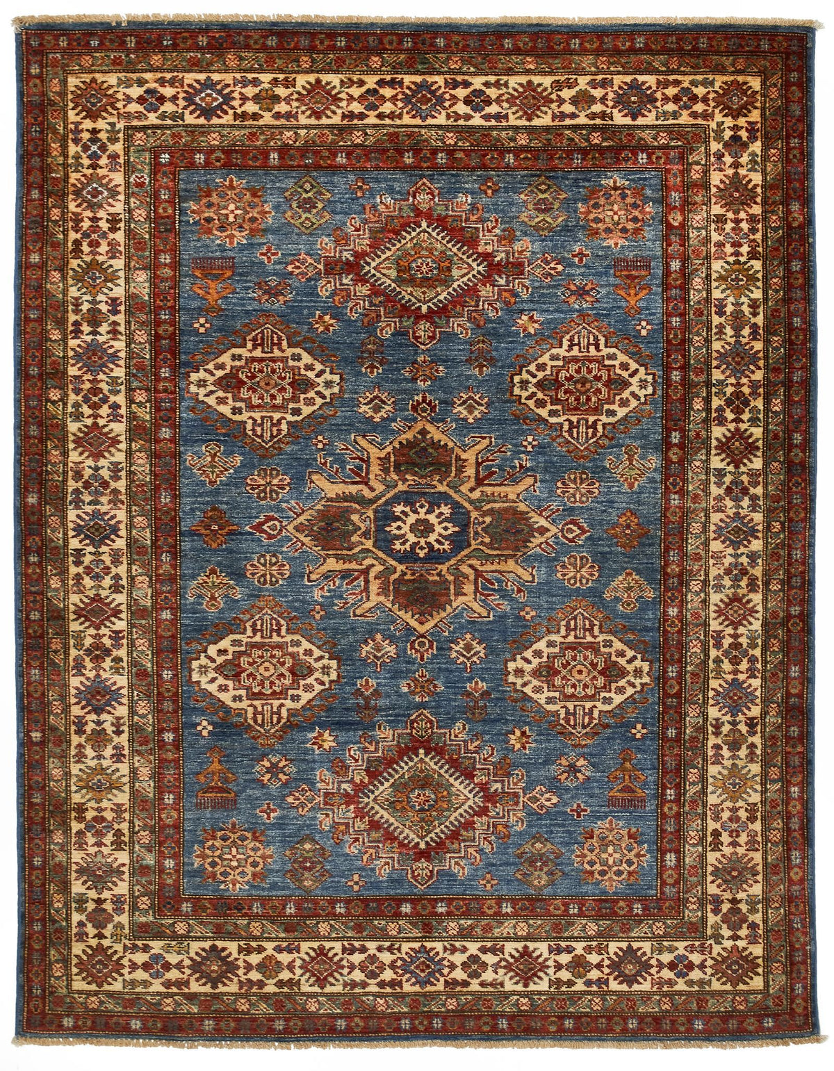 5x6 Blue and Ivory Kazak Tribal Rug