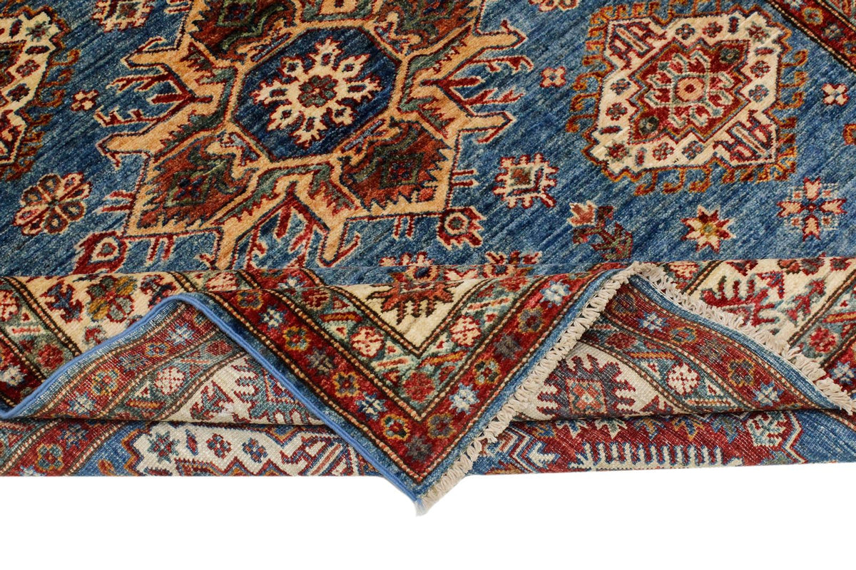 5x6 Blue and Ivory Kazak Tribal Rug