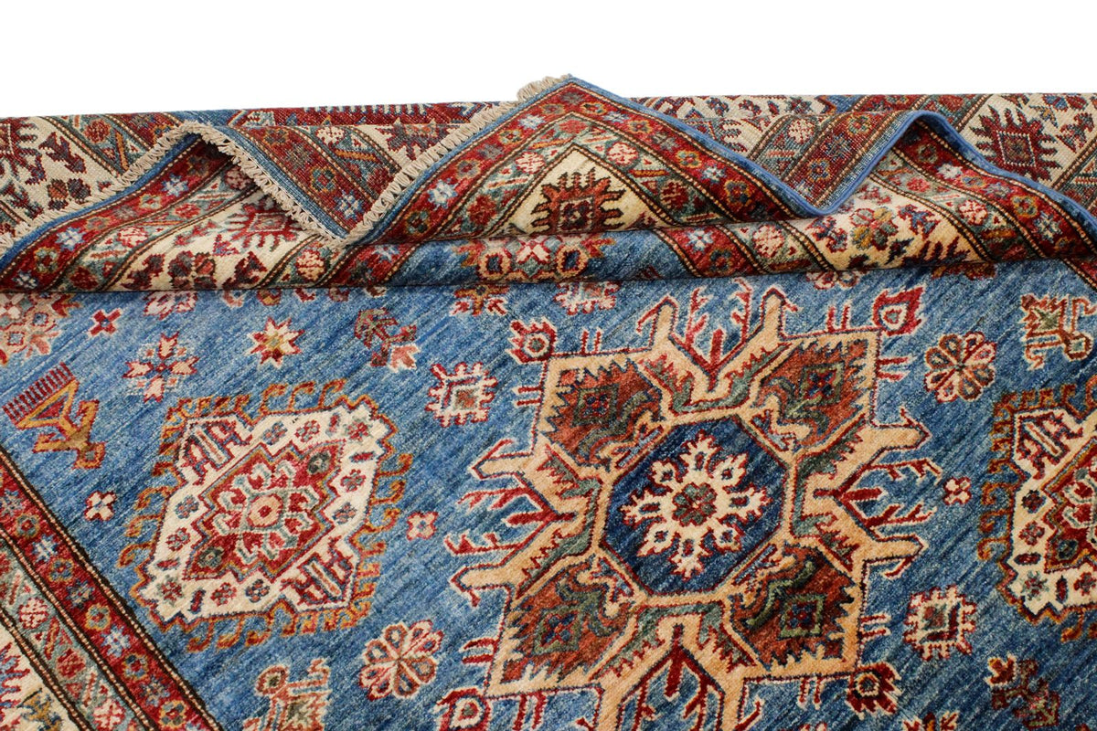 5x6 Blue and Ivory Kazak Tribal Rug