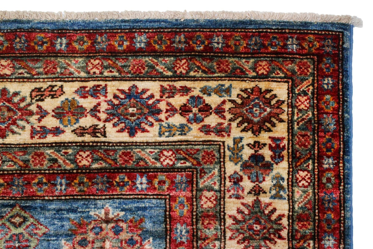 5x6 Blue and Ivory Kazak Tribal Rug