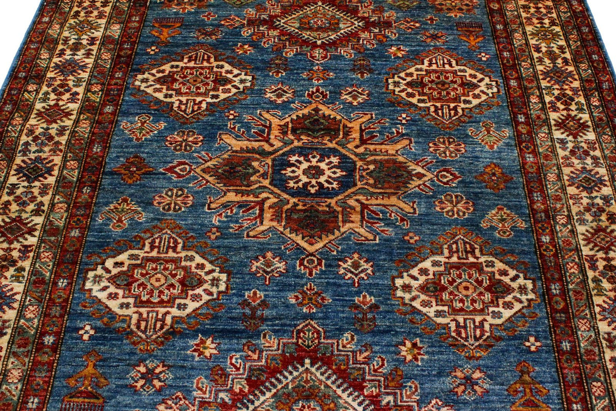 5x6 Blue and Ivory Kazak Tribal Rug