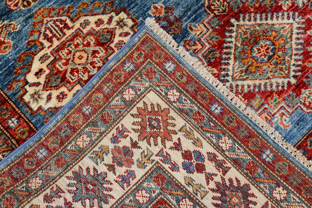 5x6 Blue and Ivory Kazak Tribal Rug