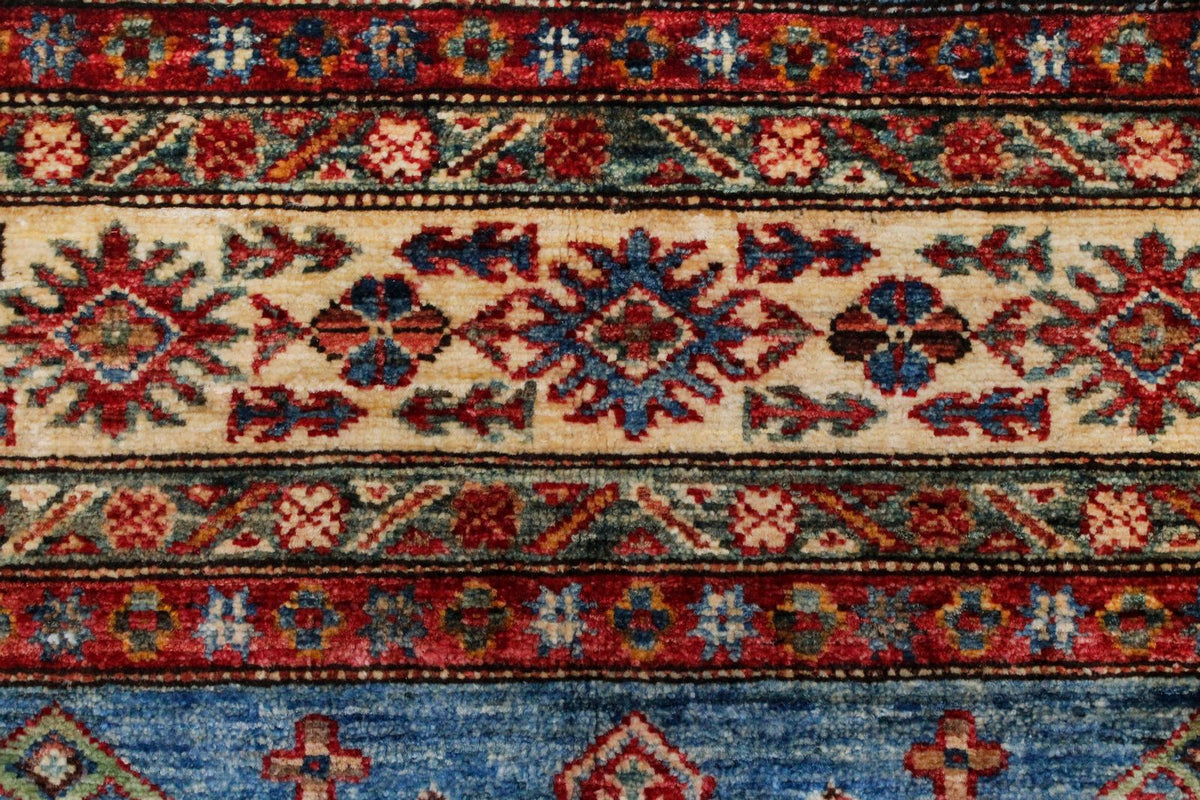 5x6 Blue and Ivory Kazak Tribal Rug