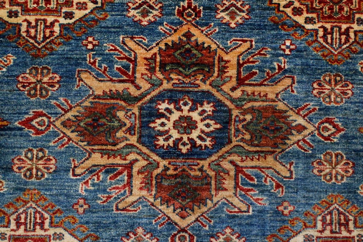 5x6 Blue and Ivory Kazak Tribal Rug