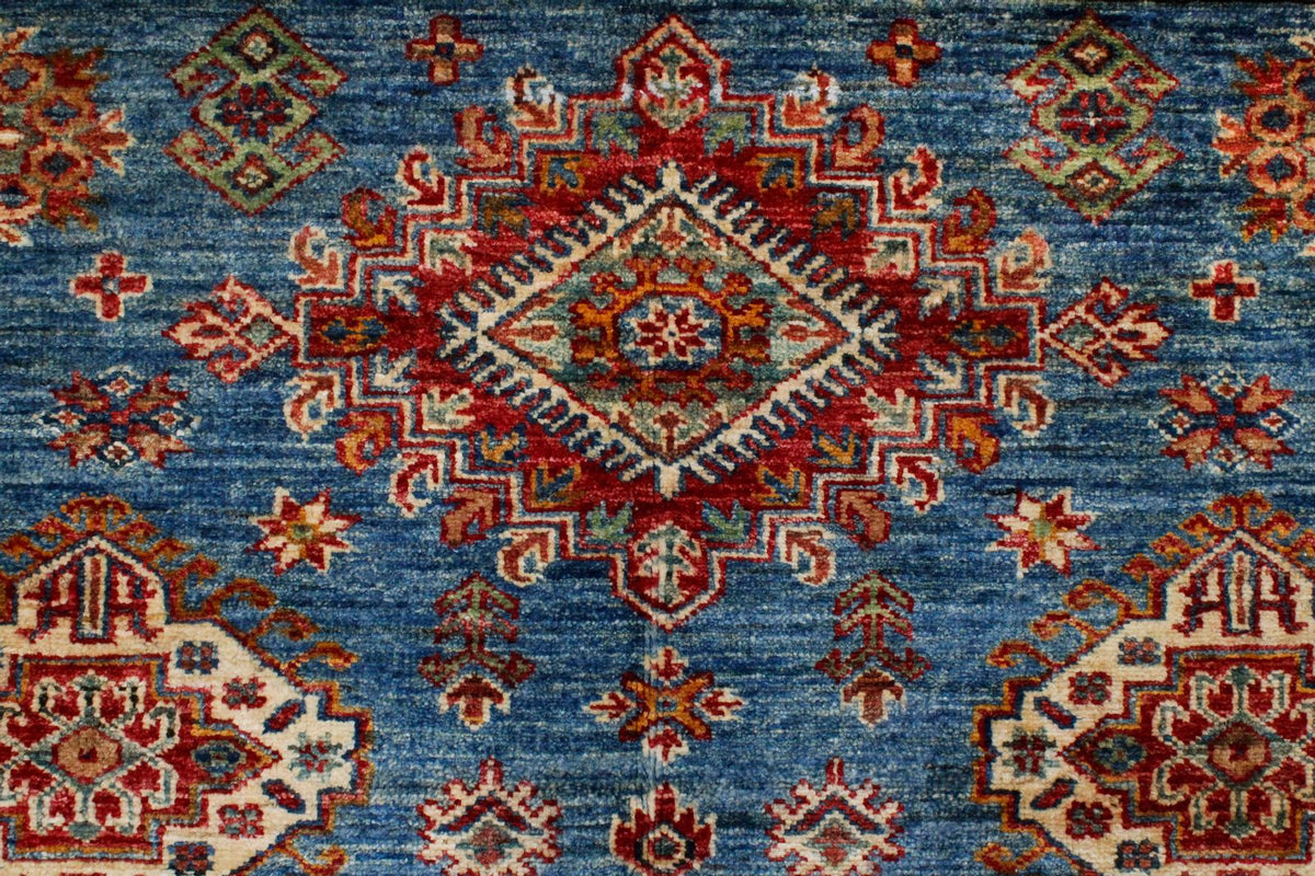 5x6 Blue and Ivory Kazak Tribal Rug