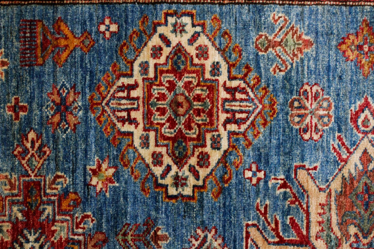 5x6 Blue and Ivory Kazak Tribal Rug